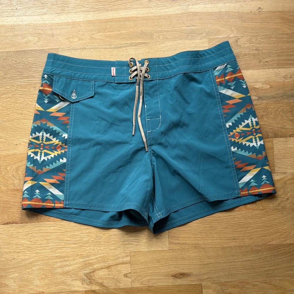 Birdwell Pendleton Teal Swim Board Shorts with Aztec Side Panels women’s 10